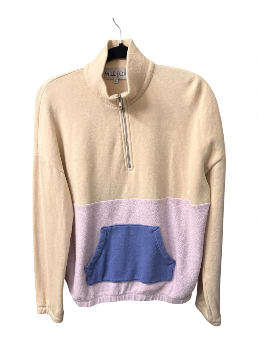 Wildfox Lea Colorblock 1/4 Zip Sherpa Sweatshirt M Cream Pink Blue USA